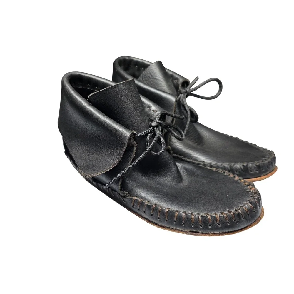 Handmade Black Leather Moccasin Boots Ankle Lace Up Whipstitch Women 9.5 Men 8